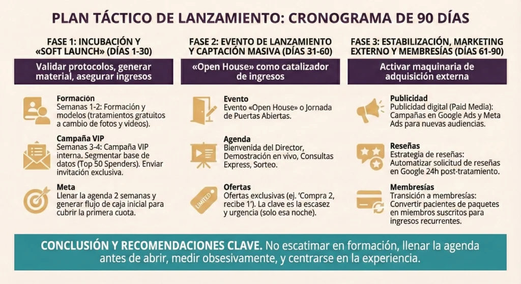 infografía con el plan de 90 días para la formación del equipo de una clínica para rentabilizar aparatología dermoestética