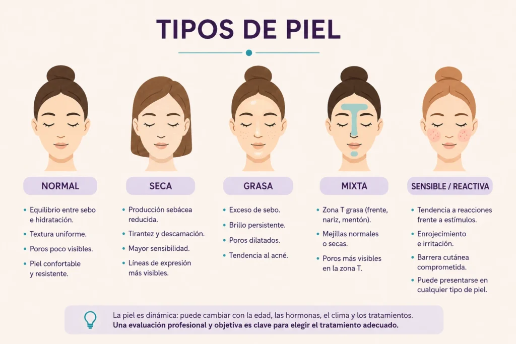 infografía en español sobre tipos de piel: normal, seca, grasa, mixta y sensible o reactiva, con ilustraciones faciales y características principales.